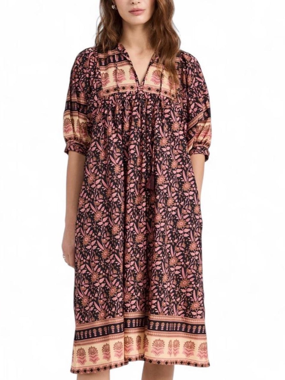 MILLE Saffron Dress Fiore Floral Pink Tan Block Print Cotton Midi XL NWOT
